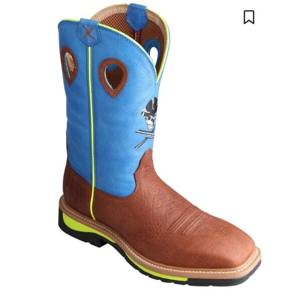 NEW Twisted X Lite Western Steel Toe Work Boots Brown Neon Blue Skull Size 7.5D main image 14